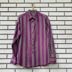 Robert Graham Striped Button Down Shirt L Burgundy Olive Blue Cotton Retro